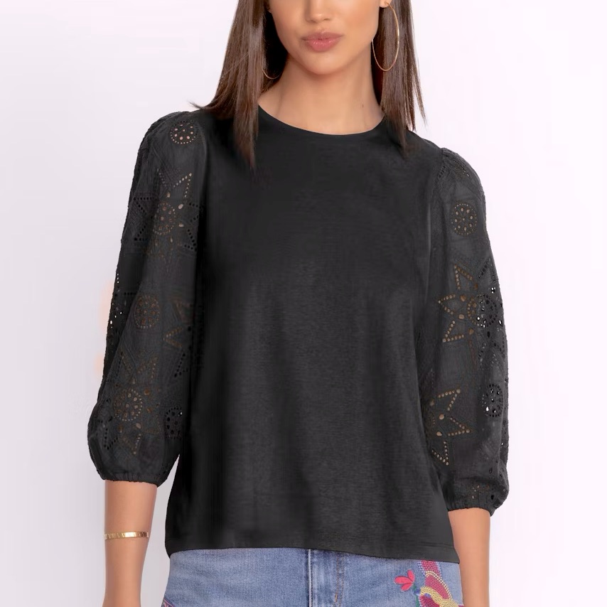 Johnny Was Jade Nora Easy Tee, Black, Puff Sleeve Eyelet Size Xs